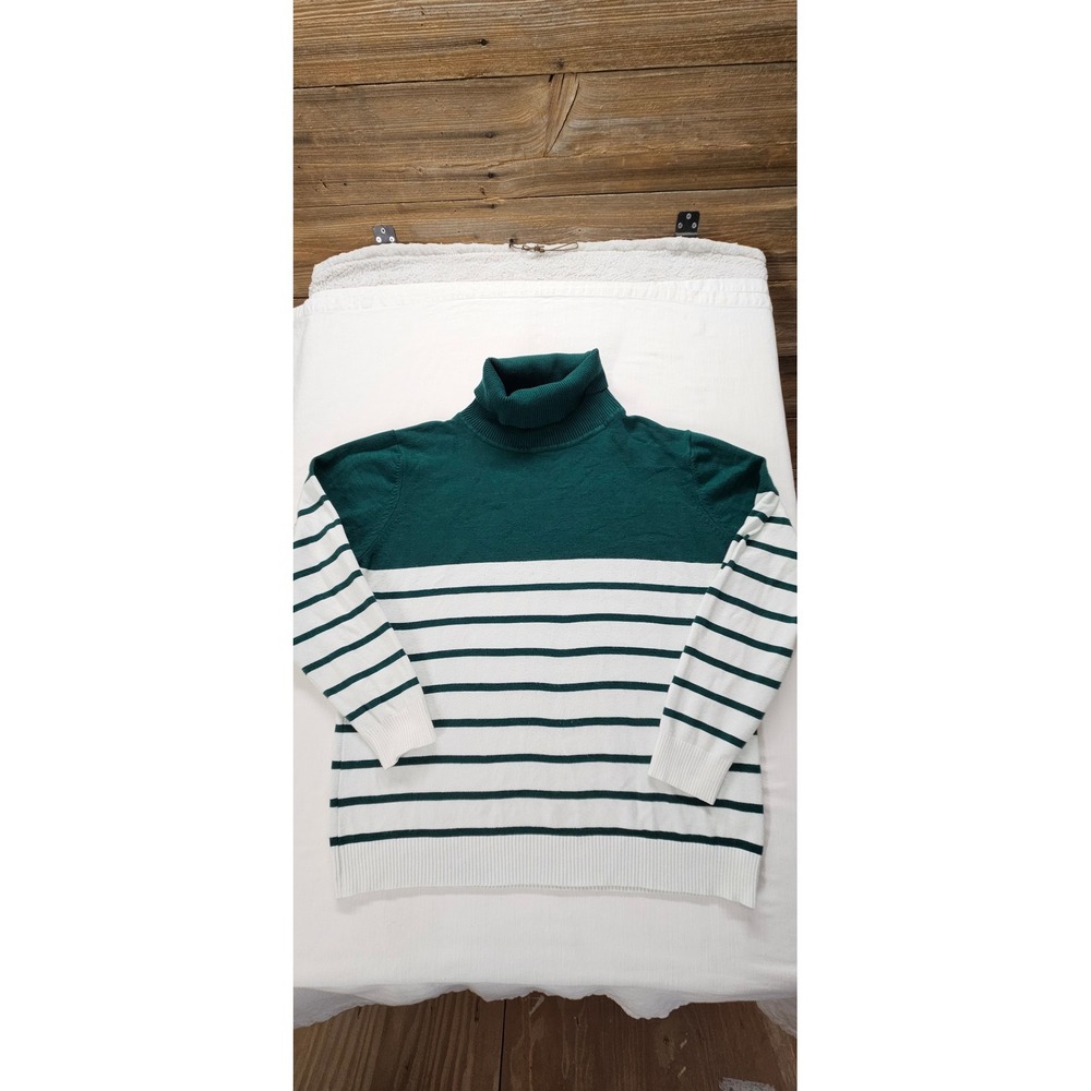 Kirundo Womens XL Green White Striped Turtleneck Colorblock Knit Sweater 8014